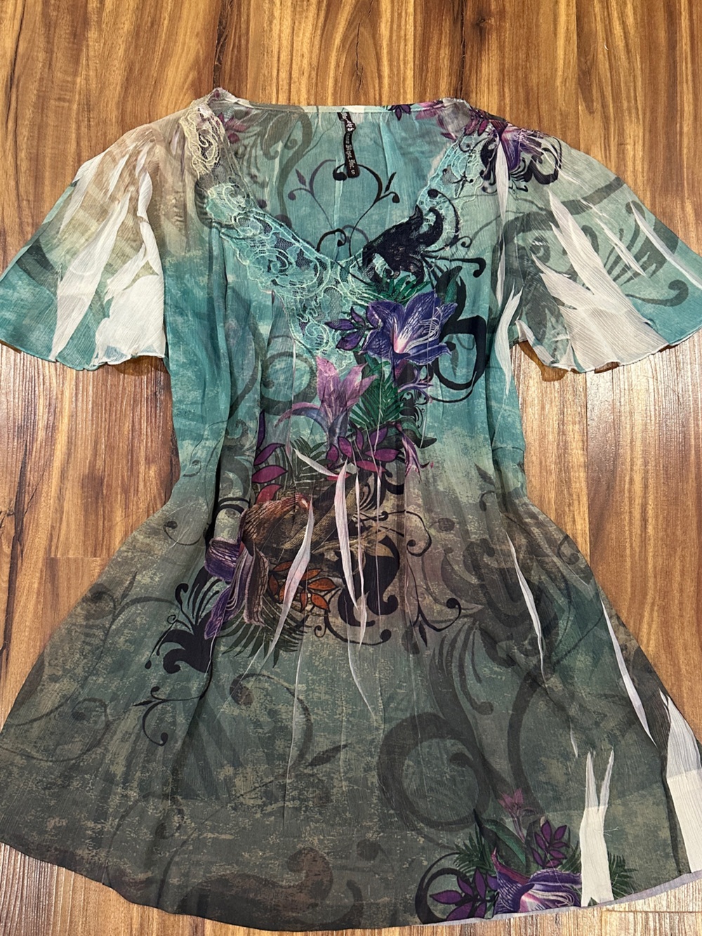 Vintage Y2K Floral Teal Top with Flutter Sleeves